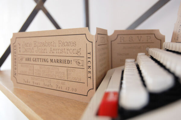 Savannah Retro Ticket Wedding Invitation Pocket in Rustic Kraft Card with Tear Off RSVP Stub Suite