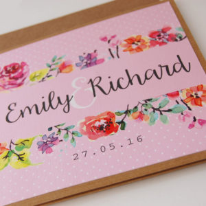 Blossom Colourful Floral Kraft Pocketfold Wedding Invitation Suite with RSVP Card Front close Up bright pink and flowers