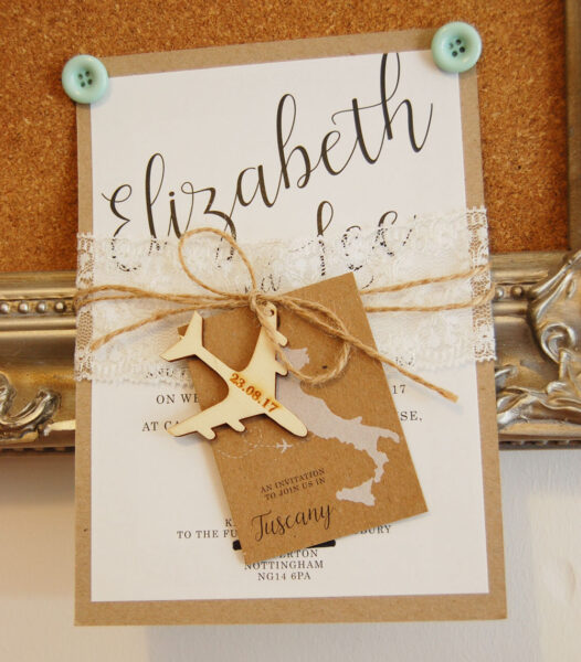 Elizabeth destination wedding invitation with lace wrap and map tag Pinned travel inspired