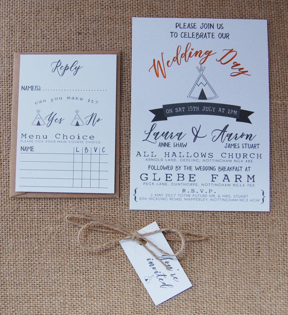 Esme Outdoor Tipi Wedding Invitation with RSVP card Kraft Envelopes & Foil Printing Lay Out