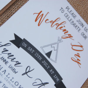 Close up of Outdoor Tipi Wedding Invitation with RSVP card Kraft Envelopes & Foil Printing