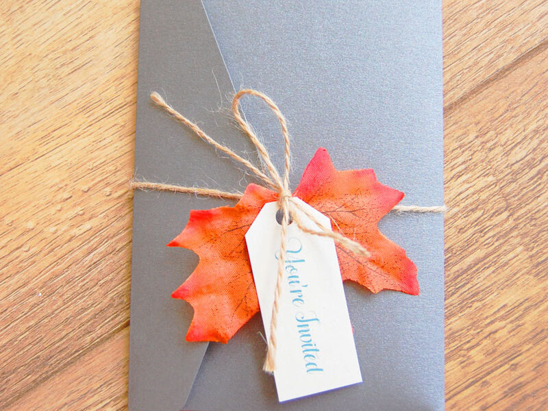 Autumn Burnt Orange Leaf Pocketfold Wedding Invitation with Tag Front