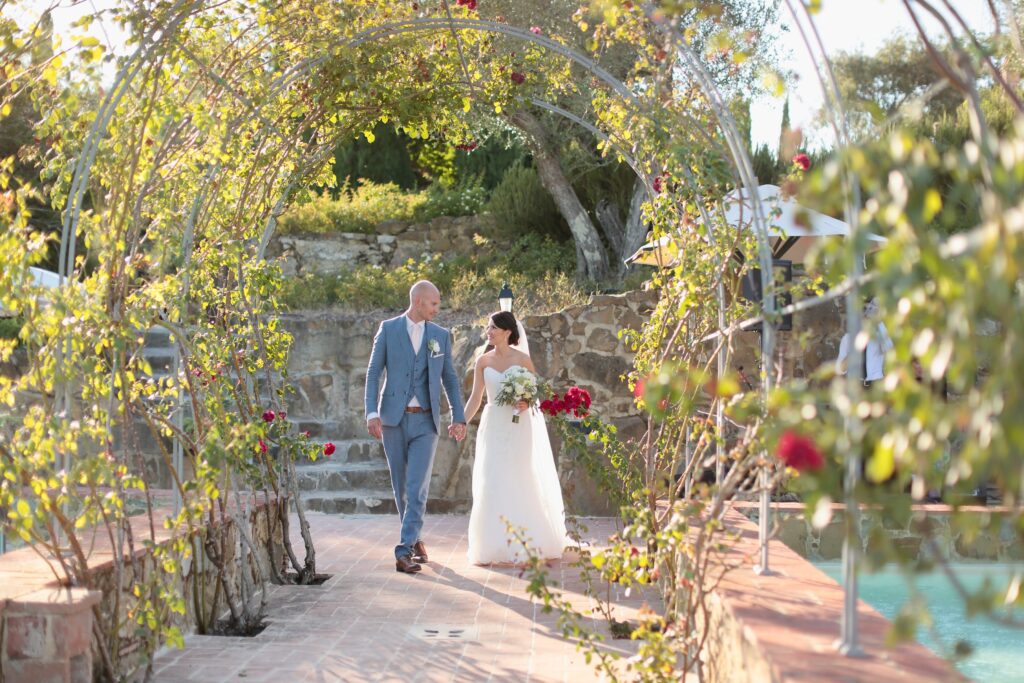 bride and groom in arches