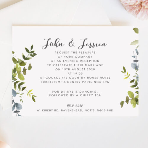 Elora Eucalyptus Garland Evening Invitation |Wedding Reception Flat Card