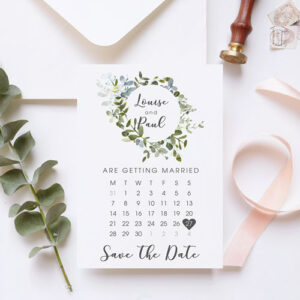 Eucalyptus Greenery save the date card with calendar