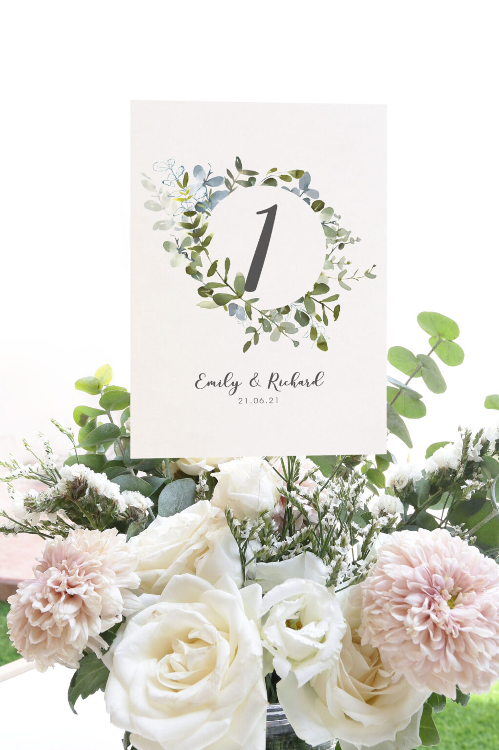 Eucalyptus personalised name wedding table name card wreath