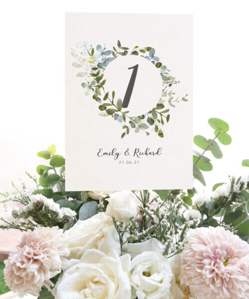 Eucalyptus personalised name wedding table name card wreath