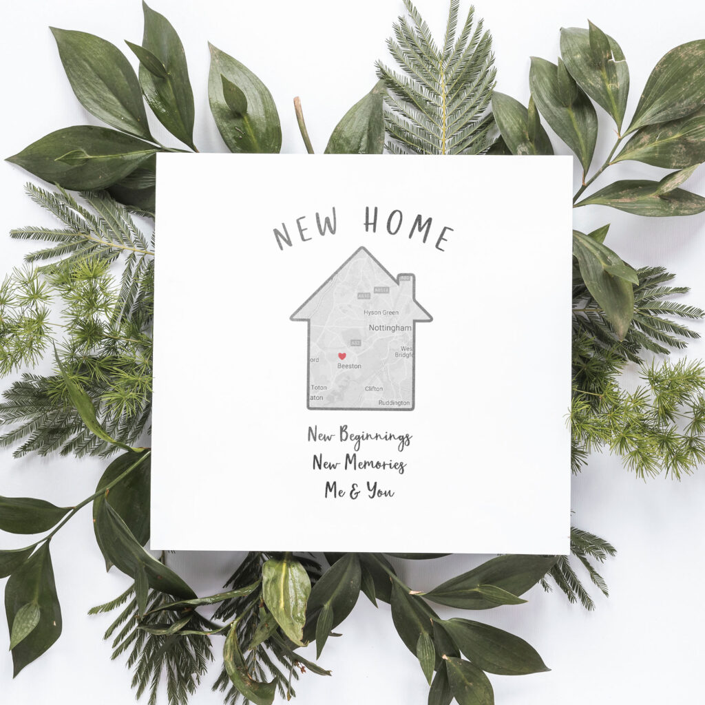 New Home Card - Map House Design with Heart Pinpoint