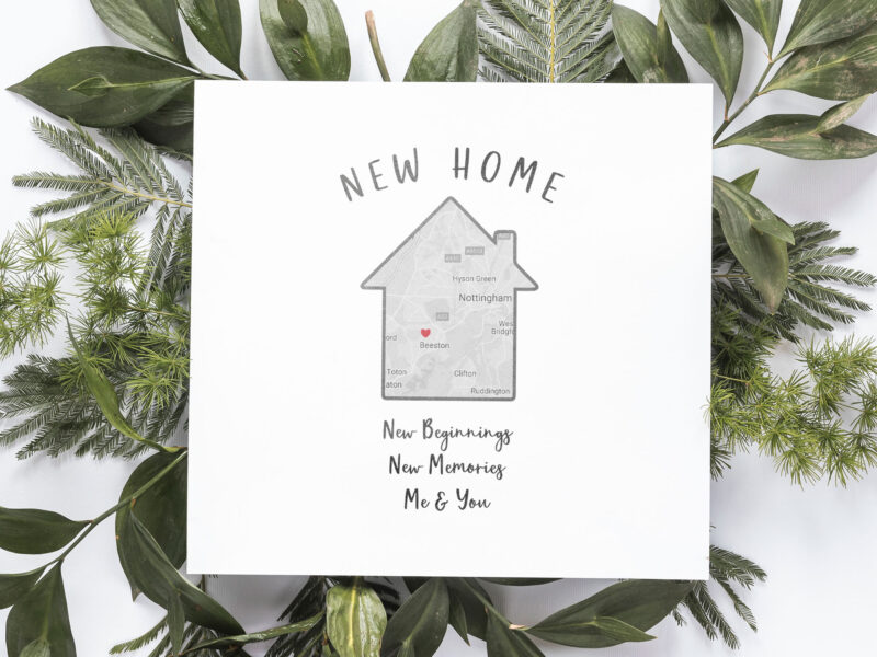 New Home Card - Map House Design with Heart Pinpoint