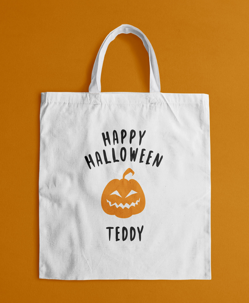 eco friendly halloween bag personalised happy halloween, pumpkin, treat, trick or treat, teddy, personalised, custom bag