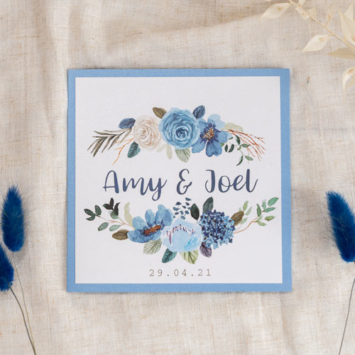Blue Square wedding invitation pocketfold with painted flowers