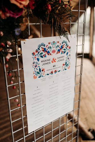Hygge wedding table plan with colourful flowers